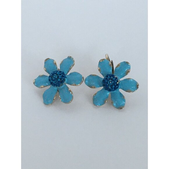 Signed Weiss Vintage Clip On Earrings Enamel Flowers Vintage Gold Tone Lt Blue - Picture 6 of 10